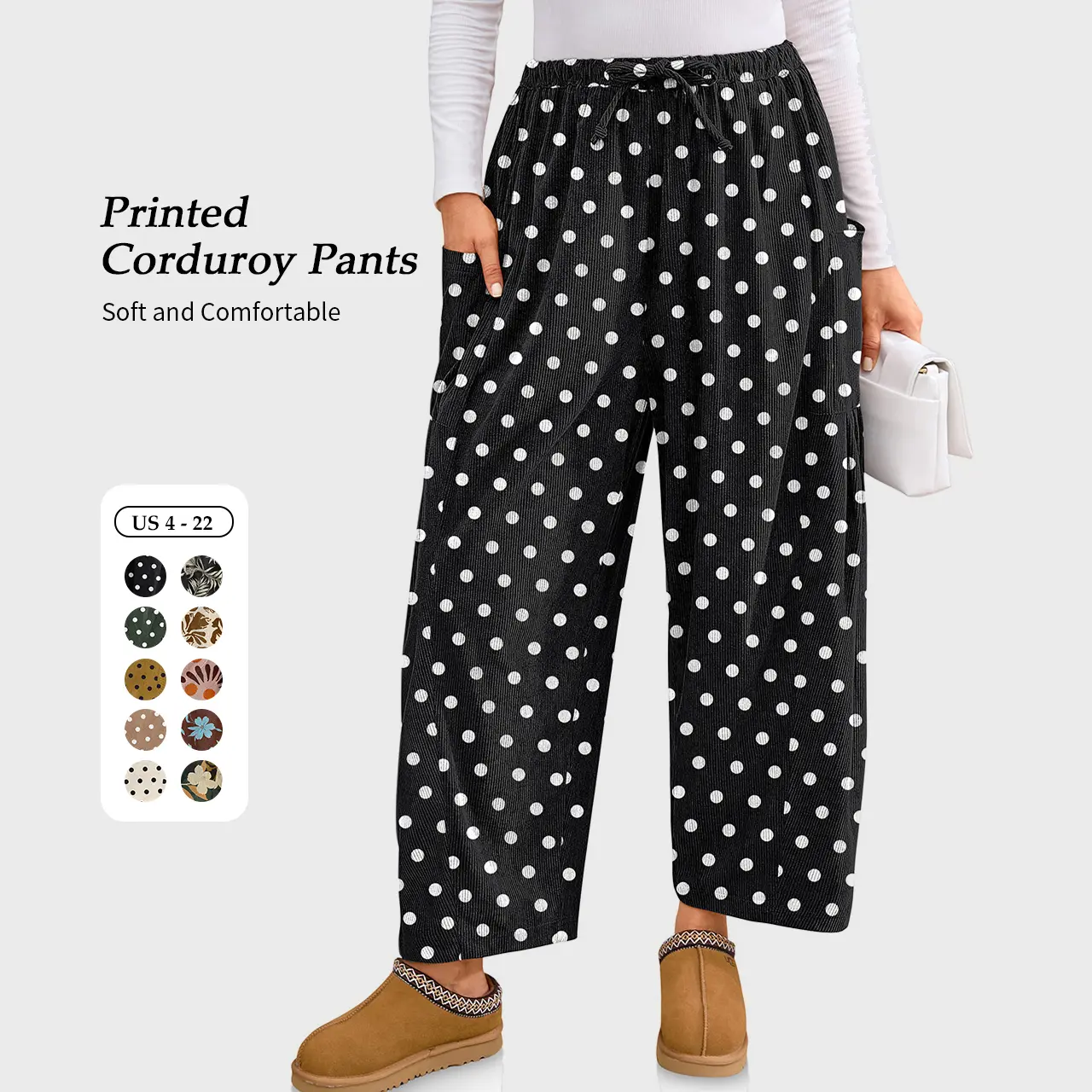TARSE Womens Printed Corduroy Pants Wide Leg Palazzo Harem Pants Drawstring Casual Loose Barrel Work Trousers with Pockets Baggy Vintage Fall Winter Bottoms