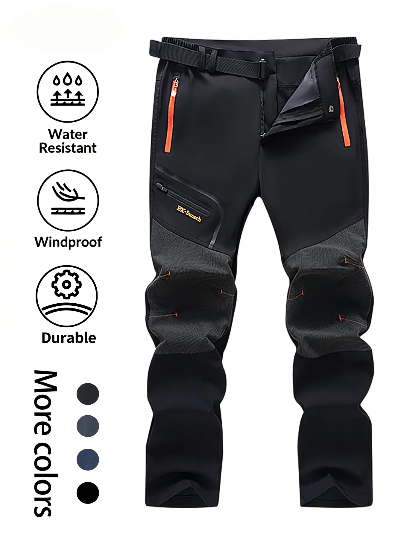 Men's Water-Resistant Windproof Cargo Hiking Pants - Reinforced Knees, Durable Shell Fabric, Zippered Pockets, Belt Included, Casual Orange Menswear for Camping, Trekking