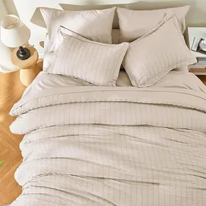 JOLLYVOGUE Beige Cal King Comforter Set, White Seersucker Bed in a Bag 7 Pieces, Bedding Sets for All Season with Comforter, Pillow Sham, Flat Sheet, Fitted Sheet and Pillowcase