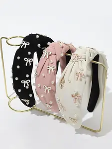 Women's Elegant Faux Pearl Decorated Knot Design Headband, Bow Headbands, Cute Trendy Hair Hoop, Fashionable Hair Accessories for Women & Girls