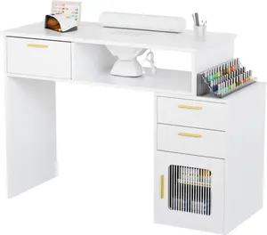 summervibes Karlhome  Nail Desk with Ribbed Design & Electric Dust Collector - Nail Tech Station with Storage Drawer, Fluted Glass Cabinet & Wrist Cushion for Home Salon & Spa (White)