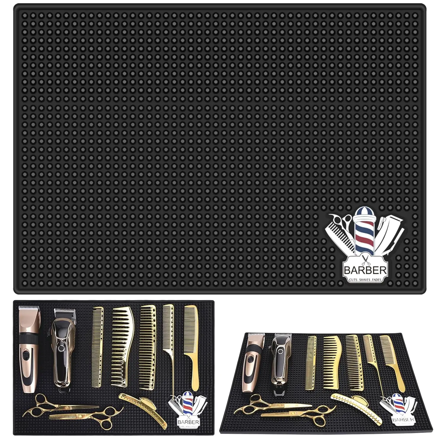 Barber Mat for Clippers, Nonslip Barbershop Counter Mat 11.8x17.7inches, PVC Black Flexible Thick Table Mat Work Station Organizer Pad for Scissors, Trimmers, Clippers, Hairpins, Combs