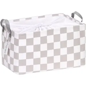 Large Canvas Basket with Handles, 33L/8.6-Gal Rectangle Bin, Collapsible Box, Clothes, Toys, Organizer, 16.5 x 12 x 10 Inches (L, Grey Checkerboard)
