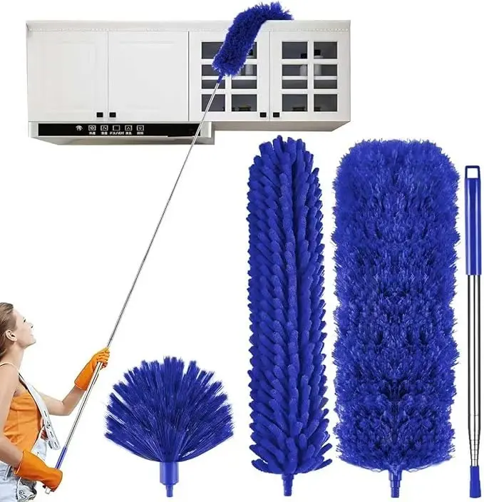 Microfiber Duster with Extension Pole, 5-in-1 Extendable Long Duster Set with Bendable Chenille Head, Cobweb Brush and Flat Crevice Tool, High Ceiling Fan, Furniture, Vent Cleaning Supplies (Blue)