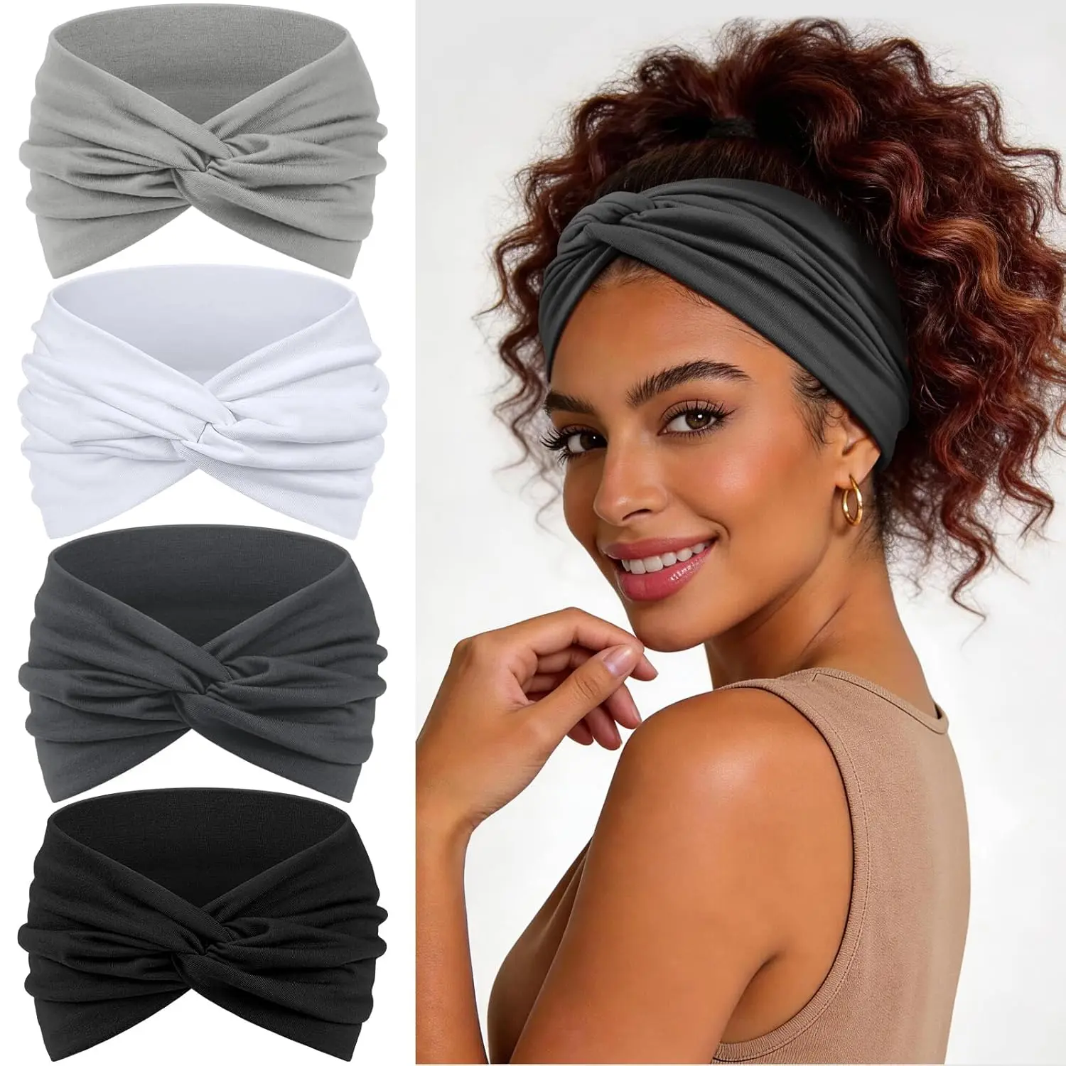 Women's Wide Retro Elastic Knot-Style Headband – Soft, Stylish Accessory for Yoga, Fitness, and All-Season Wear (4-Pack)