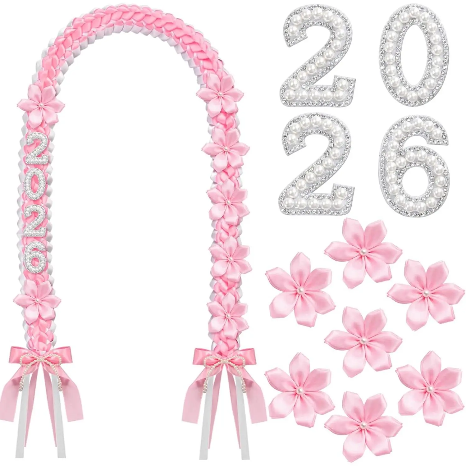 Graduation Leis Class of 2026 Ivory Satin Ribbon Necklace with Butterfly Pin Pearl Bow Handmade Money Leis for Congrats Grad College Senior Gifts for Grad Party Favor