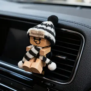 Funny Wooden Wobble Doll Car Decoration, Solid Wood Wooden Man Ornament Set with 12 Lively Expression Pieces and Various Hats and Scarves, Perfect for Car Vent, Desktop, Study Room and Holiday Display, Creative Christmas Gift for Men