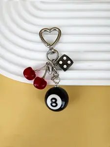 American Retro Y2k Style Black Eight Dice Cherry Pendant, A Combination Of Three-Dimensional Black Eight Billiard Ball And Cherry Charm, Suitable For Decorating Keys, Bags, And Earphone Cases, Making It A Personalized Accessory For Going Out And Dating.Am