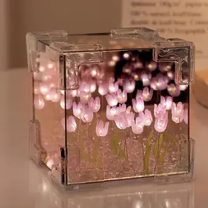 30 Flower Tulip Lamp 2PCS Night Light with Mirror Assembled Artificial Flower Lamp Table Light Bedroom Decoration Gift for Women Girlfriend Sisters Desk Table Decor