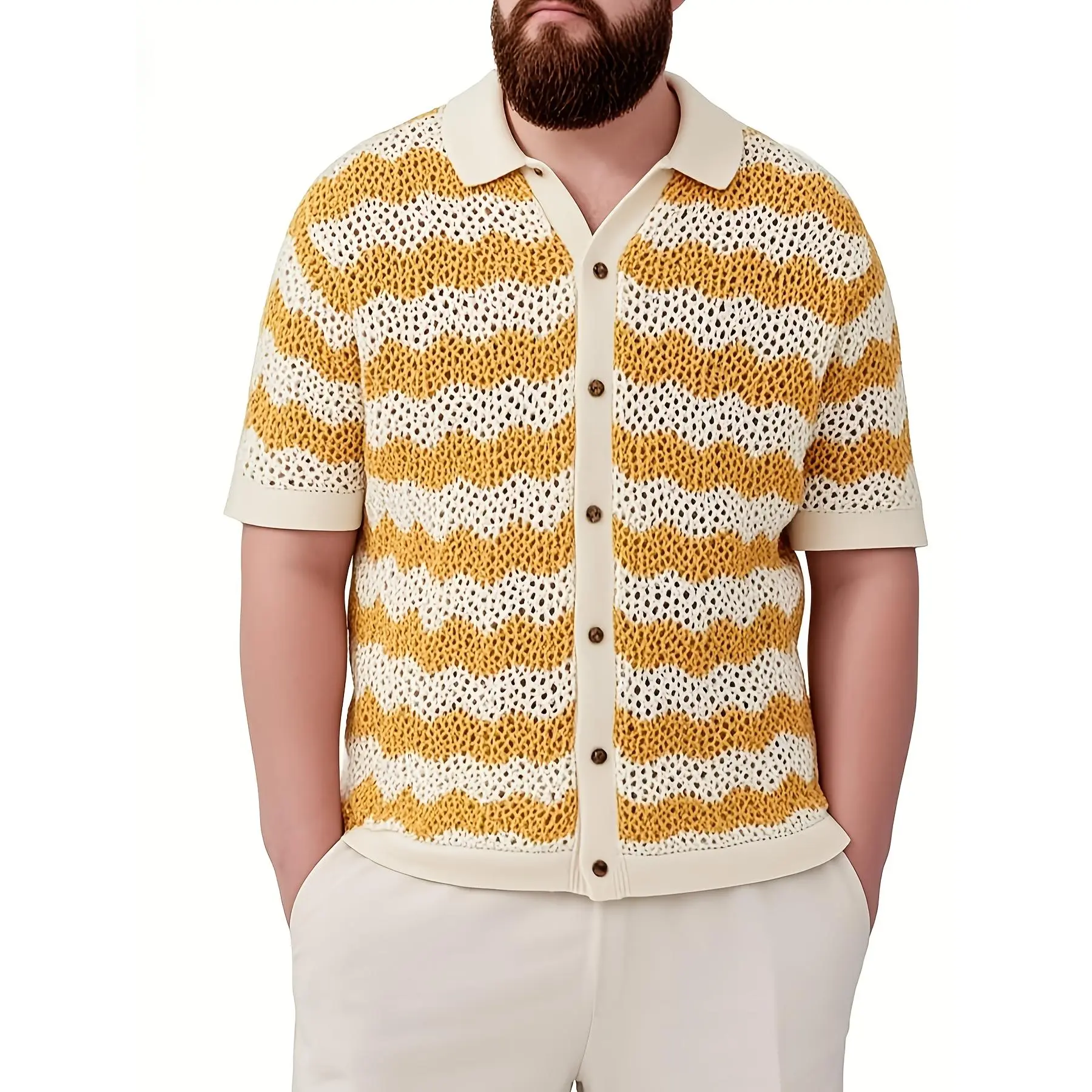 Men's Large Size Acrylic Stripe Knitwear Cardigan Sweater - Casual Lapel, Long Sleeve, Semi-Sheer Look Menswear Top, Full Sleeves, Stripe Pattern, 6Xl, Stripe Print