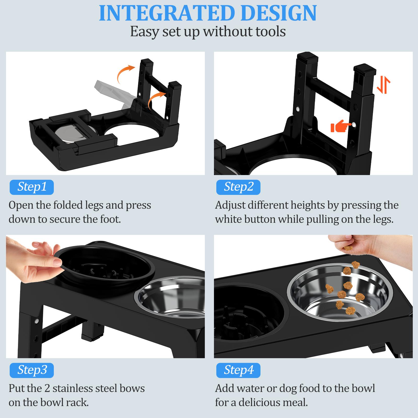 4 Height Adjustable Raised Dog Bowl Stand with Slow Feeder & Stainless Steel Bowls | No Tools Required | Anti-Slip & Spill-Proof Elevated Feeder for All Dog Sizes