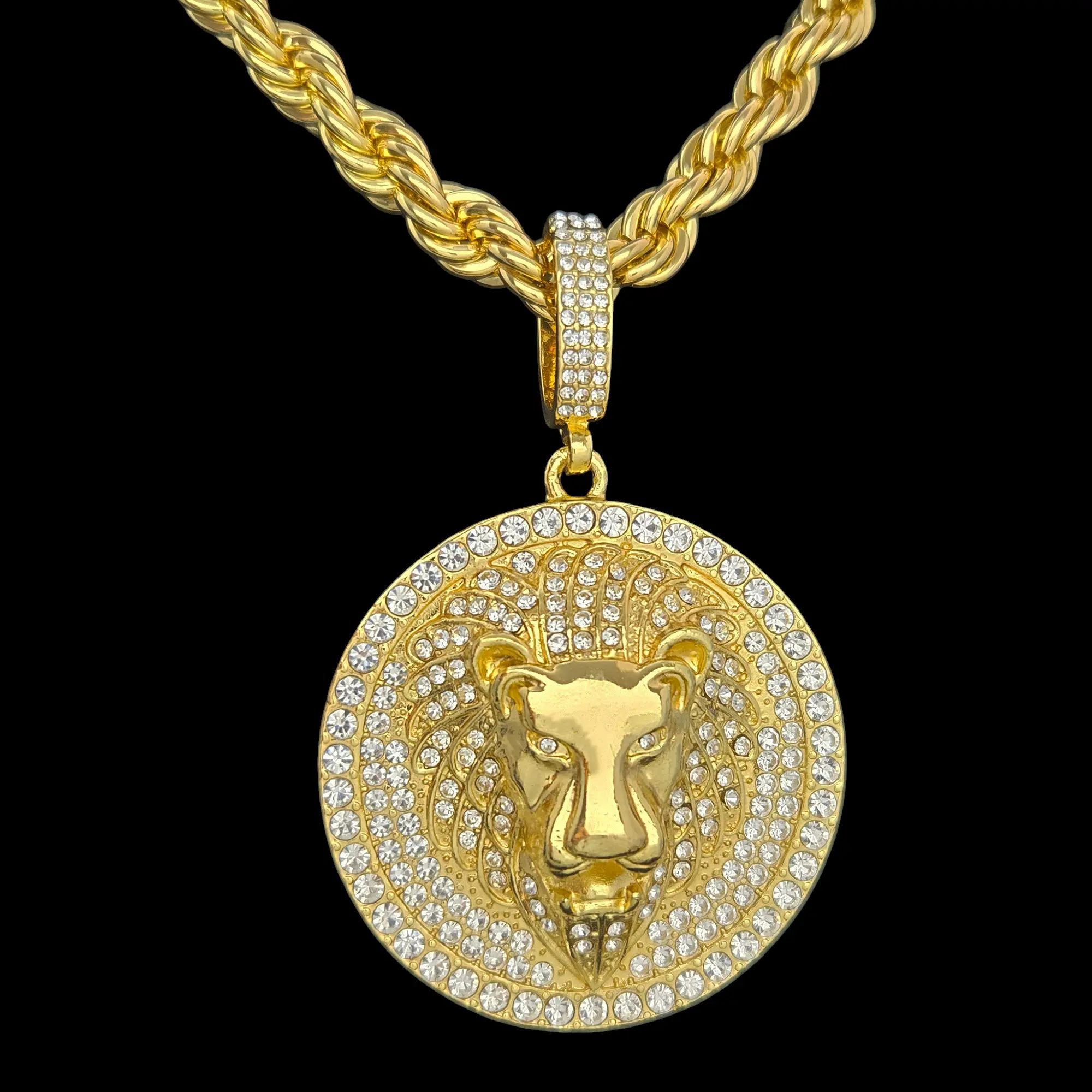 MaxBling81 Men's Hip Hop 50mm Lion Head Pendant Necklace, Gold-Plated with Sparkling Zircon Inlay, Includes 24" 8mm Rope Chain, Daily Wear, Metal Coating, Pendant & Chain, Men's Jewelry, Chunky Gold Jewelry Style, Gold Chain Detail, Gold/Silver Plate