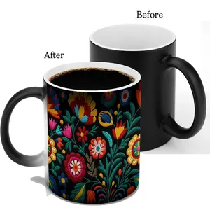 Mexican Floral Embroidery Ceramic Mug, 11oz Heat-Reactive Color-Changing Magic Drinkware for Hot Drinks