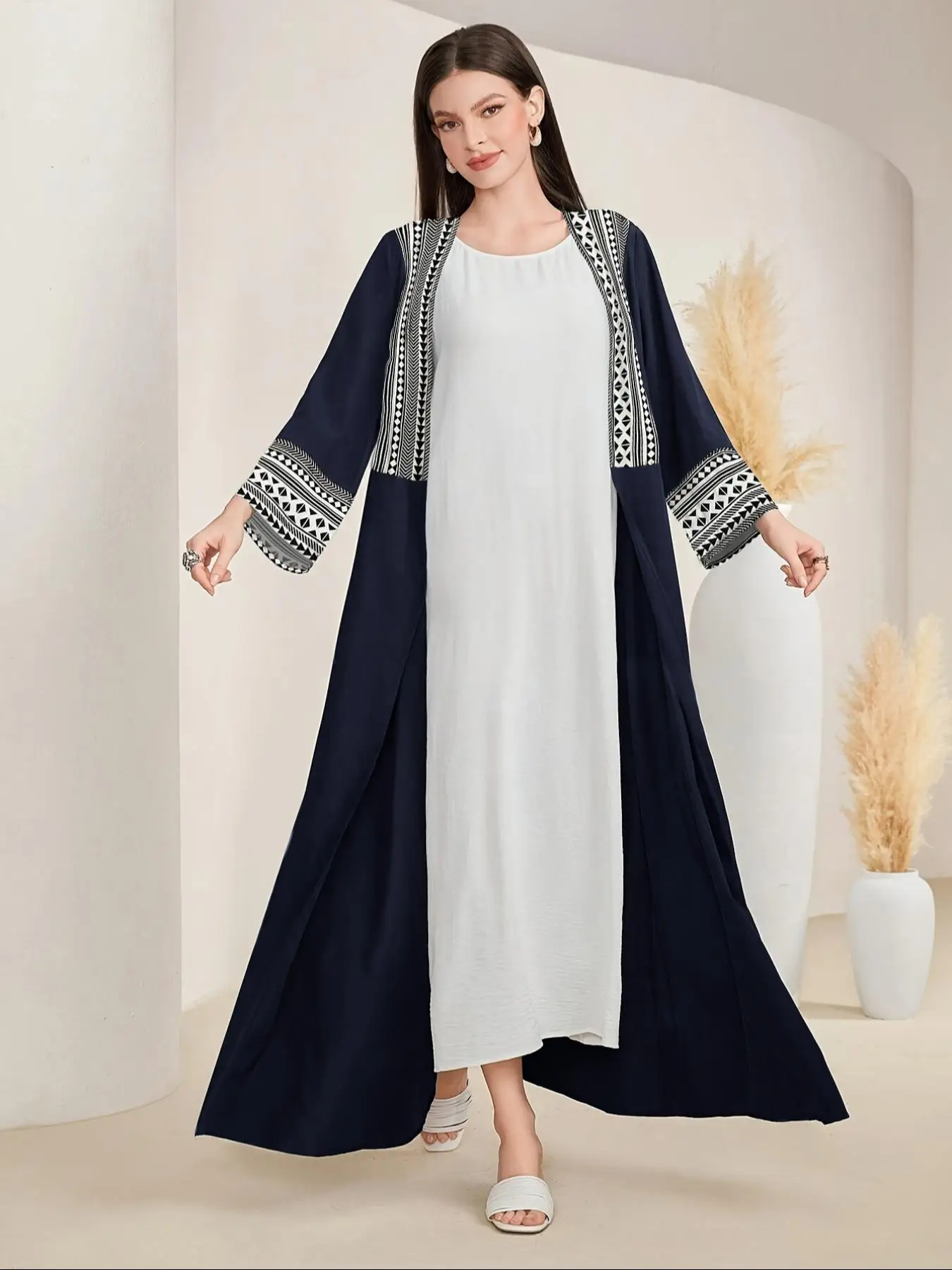 Arabic Clothing-Women's Patchwork Print Long Sleeve Kaftan, Elegant Long Dress for Spring & Fall, Women's Islamic Clothing for Daily Wear, without Bel