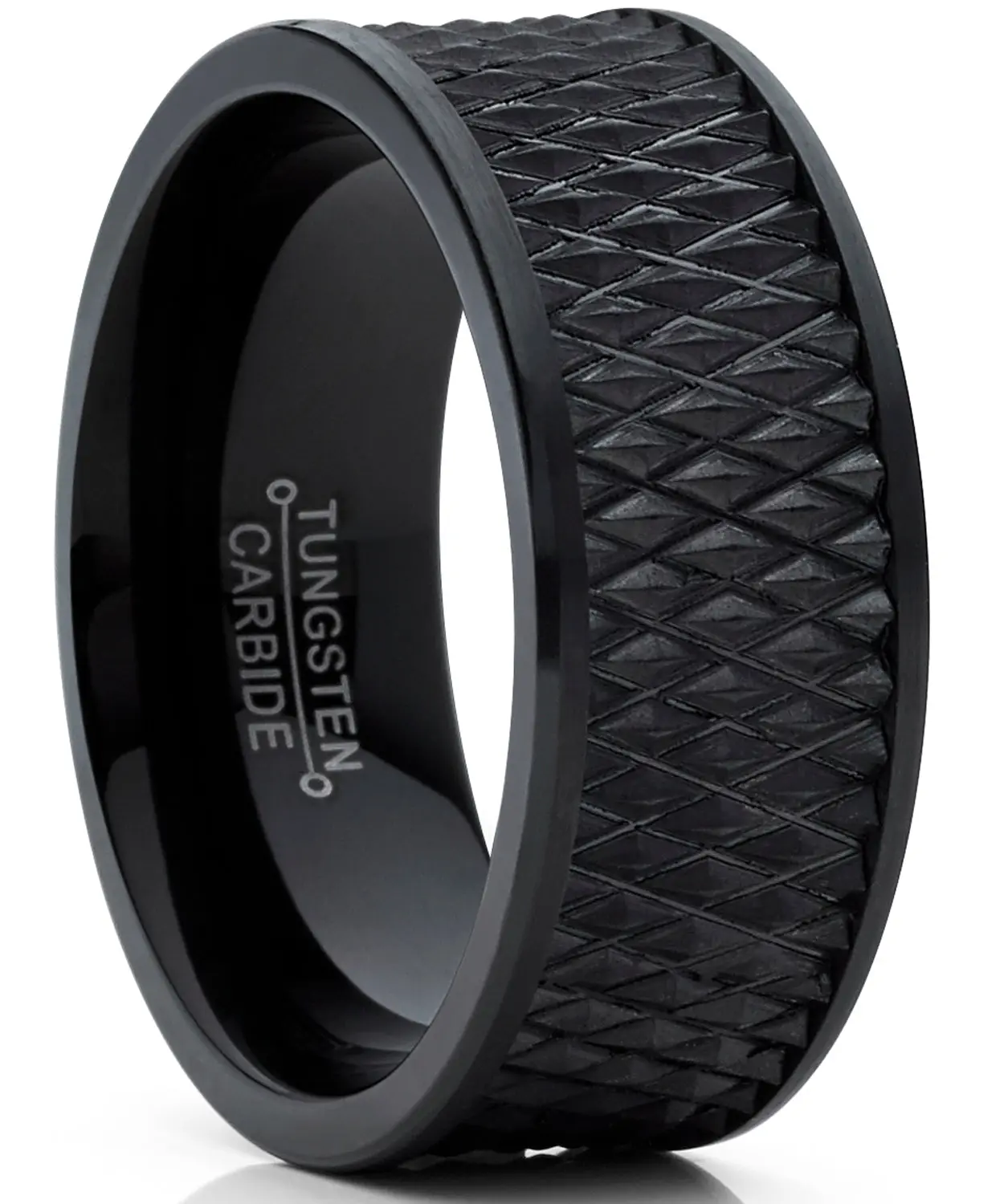 Men's Sturdy Tungsten Carbide Black Wedding Band - 9mm Flat Top, Diamond Treaded Engagement Ring