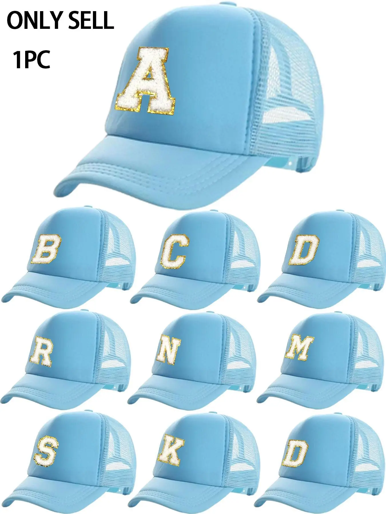 Custom Letter Light Blue Trucker Hat, Unisex Versatile Soft Top Mesh Breathable Cap, Outdoor Sun Protection Hat, Street Casual Sports Cap, Breathable Comfort  Face-Slimming Design