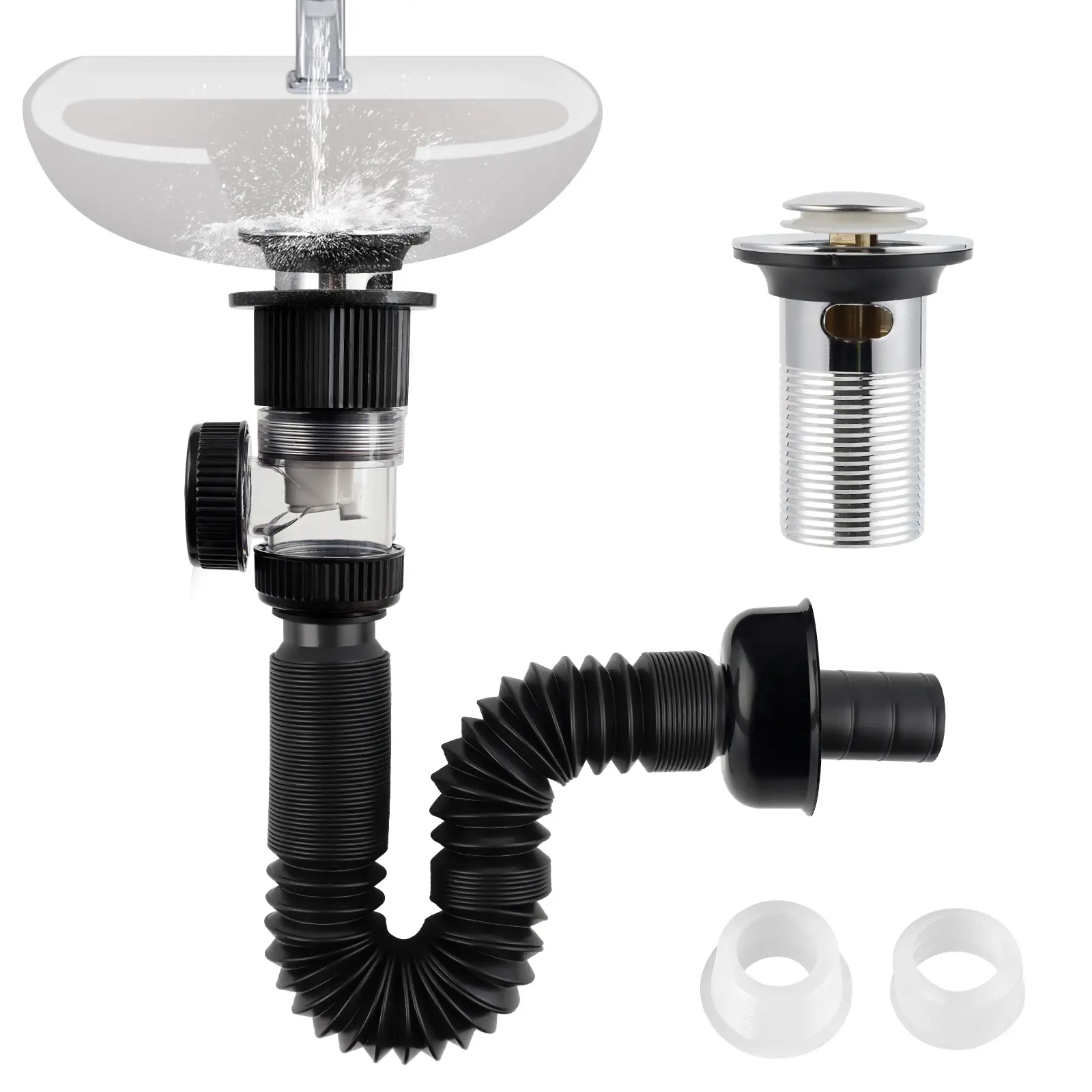 Hibbent Chrome Bathroom Sink Drain Kit with Plumbing Accessories, Flexible P-Trap Pipe, Pop-Up Stopper, Expandable Tubing, 2 Adapters, Hair Blocker - Fits 1-1/4in, 1-1/2in, 2in Holes, Compatible with Bathroom Fixtures, Hair Blocker Bathroom Fixture Access