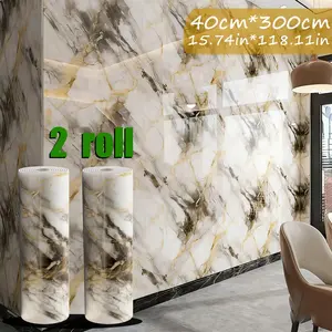 2 Rolls Self-Adhesive Marble Pattern Wallpaper, Fireproof Waterproof Wall Material, 15.75in X 118.11in, Living Room Decor, Marble Visual Effect