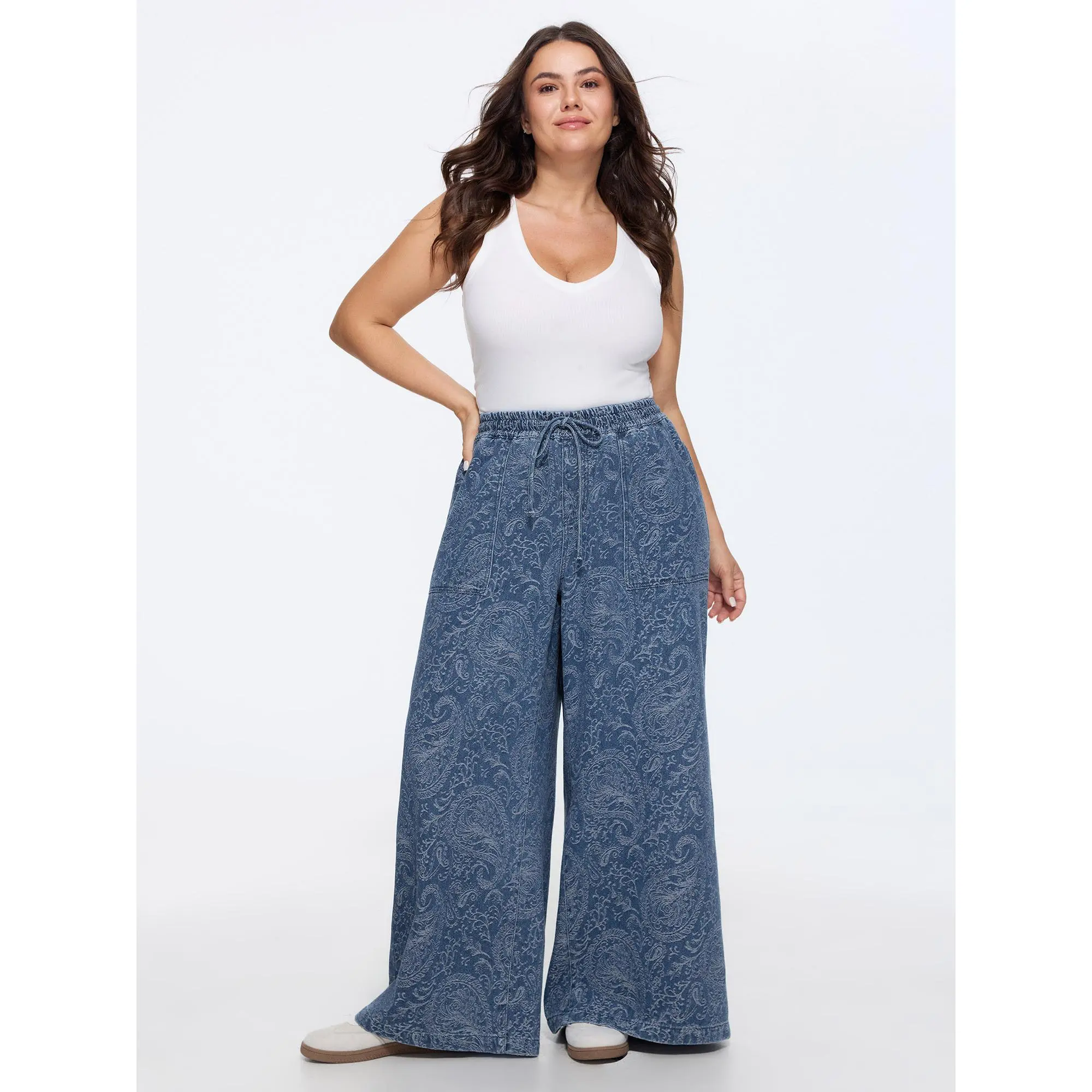 BLOOMCHIC Women's Plus Size Polyester Washed Paisley Print Drawstring Baggy Wide Leg Garment Jeans - Loose Fit, Functional Pocket, Soft Fabric, Size M-6X - 2026 Summer Finds
