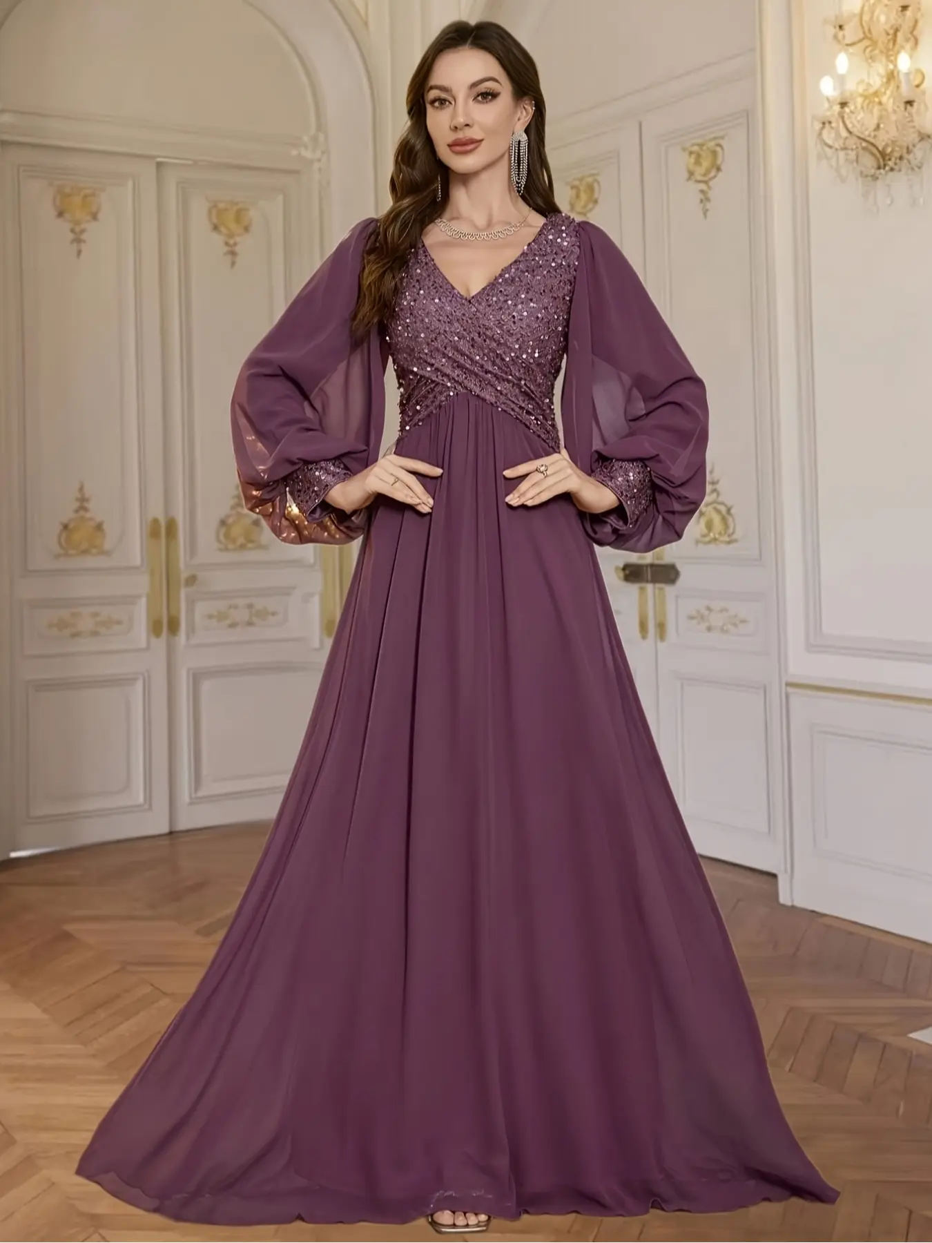 Elegant V-Neck Sequined Lightweight Chiffon Fabric Evening Dress, Perfect for Weddings, Celebrations, Formal Events, and High-End Parties