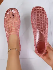 Women's Summer New Fashion Mesh Jelly Shoes, European Style Hollow Out Grid Flat Sandals, Vacation Beach Hole Holes Shoes, Flats Shoes, Slip On Shoes