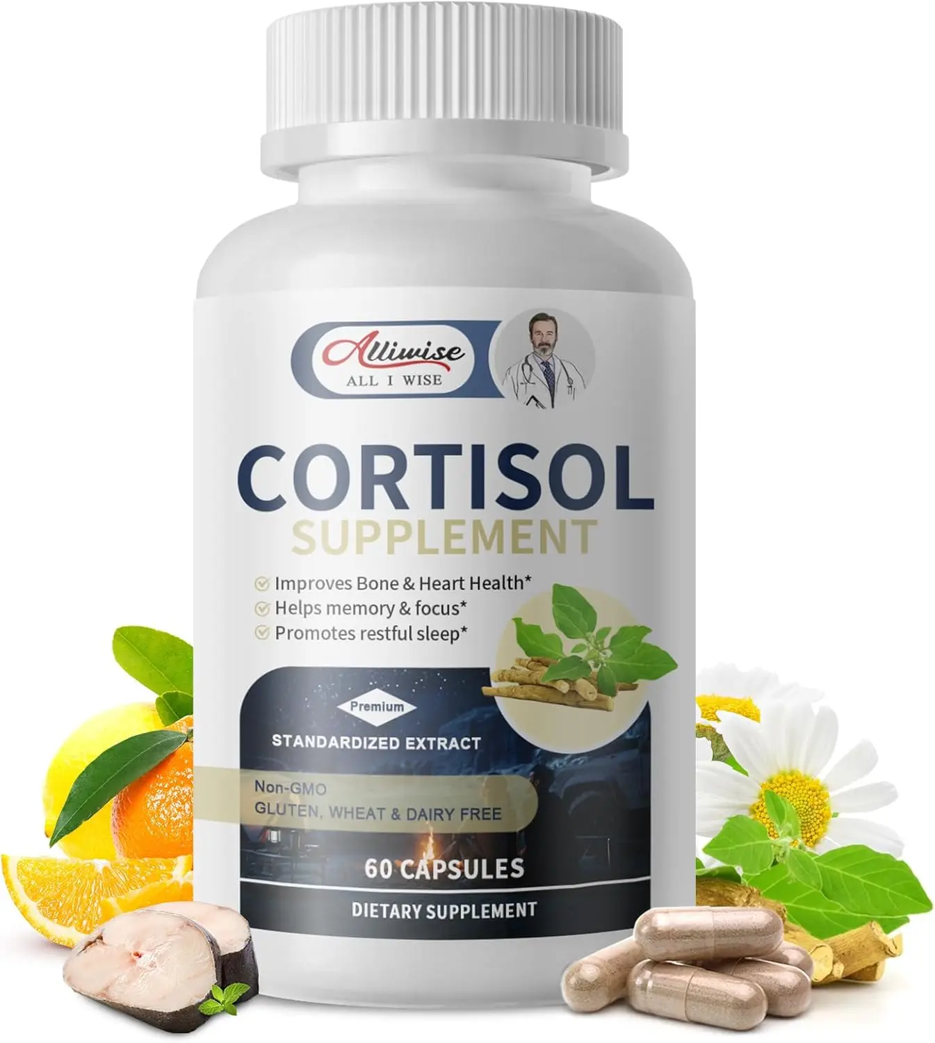 Alliwise Cortisol Support Supplement Capsules | Cortisol Supplements for Women & Men,Cortisol Reducer, Manager,with Ashwagandha,Rhodiola, L-Theanine for Mood,Focus,Sleep