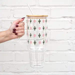 Mini Cactus 40oz Glass Tumbler with Handle, Lid & Plastic and Glass Straws