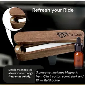 CitrisSan ScentDrive Magnetic Car Diffuser - 3 Piece Set Natural Wood Finish & Customizable Scent - Includes Car Vent Clip, Cotton Fiber Scent Stick, 10 ml Refill for Easy Fragrance Changes - Strawberry Citrus, Coconut Lime, Sage & Citrus, Ocean Breeze