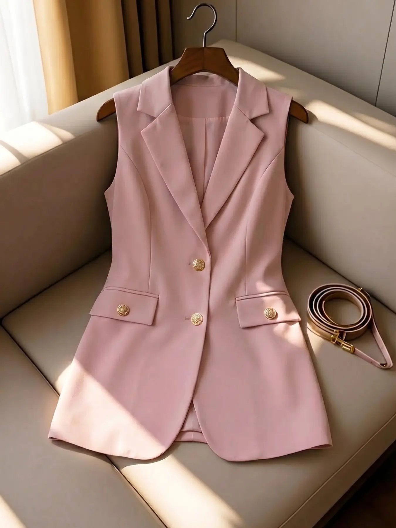 European and American Style Womenswear Suit Vest, Business Attire Clothes, Elegant Office Wear, Lapel Design, Sleeveless, Button, Slim Fit, High-Quality, Elegant Formal Wear, Perfect for Any Occasion, Lady