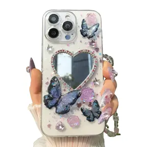 Butterfly Pattern Phone Case with Rhinestone Chain, Mirror Design Phone Protective Cover, Casing, Phone Accessories Compatible with iPhone 16 15 14 13 12 Pro Max