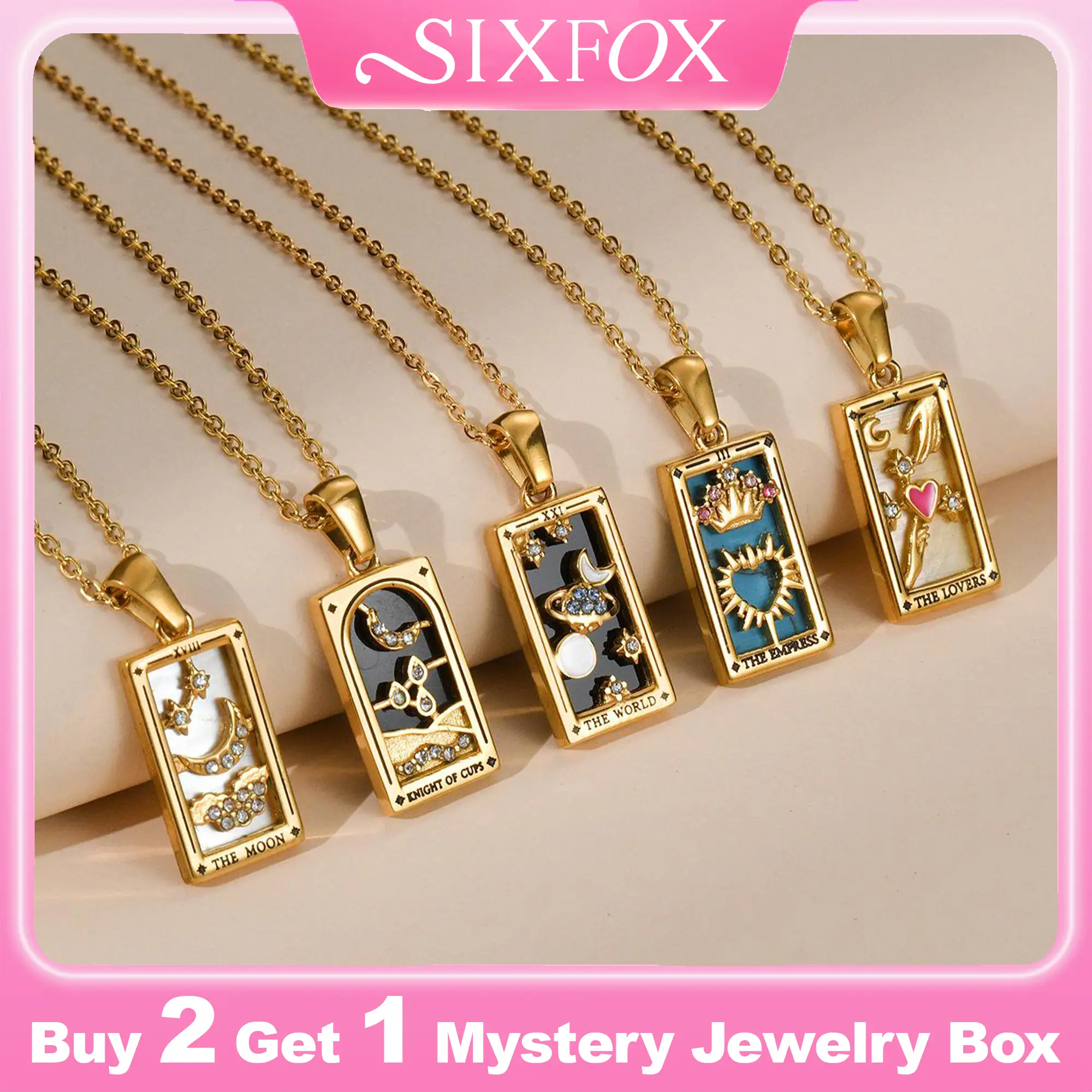 SIXFOX Dainty Tarot Series Necklace Spiritual Healing Jewelry Square Titanium Steel Hypoallergenic Colorful Enamel Pendant necklace fall fashion Delic