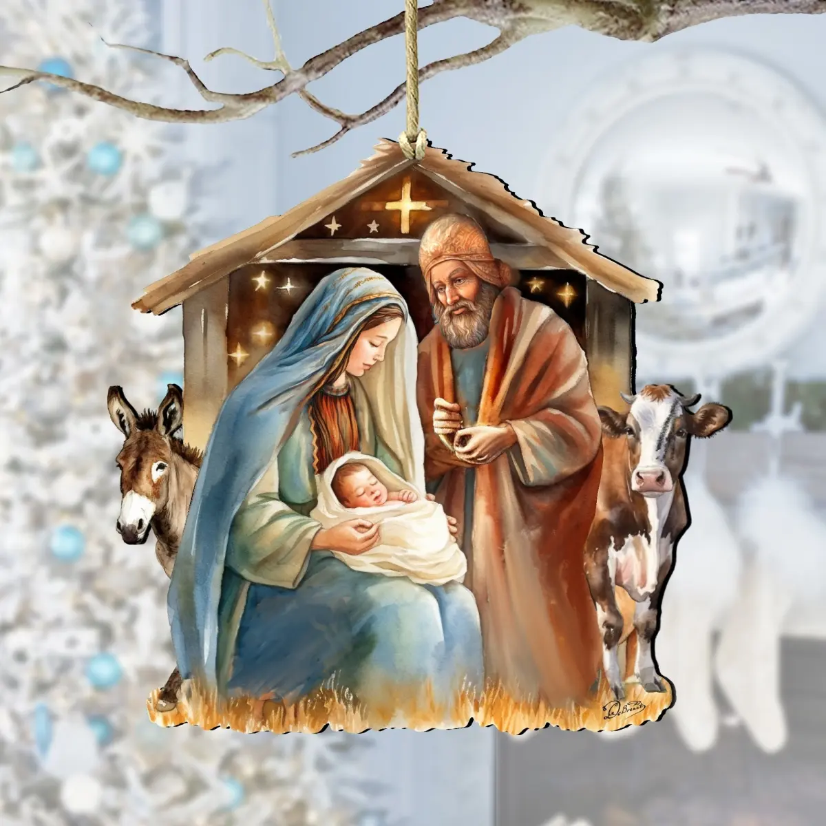 Designocracy 8611082 Artistic 5 x 5.5 x 0.25 in. Born Under Bright Star Nativity Wooden Christmas Ornament, Family-Focused Festive Decor, Room Decor, Outdoor Home Supply, Holiday Gift