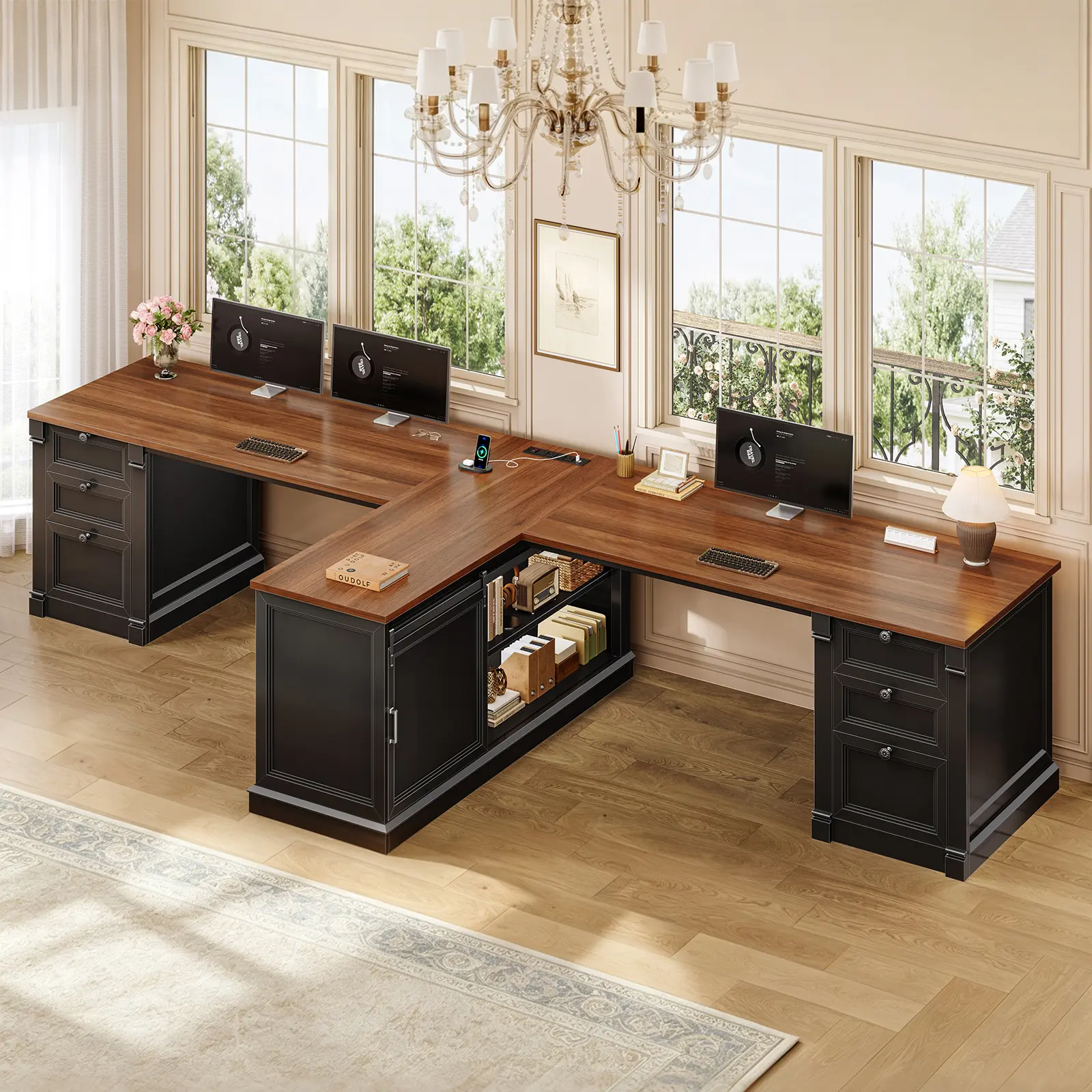 SEDETA 110.2 Inch Two Person Desk with 6 Drawers Farmhouse 2 Person Desk with Storage Shelves & Power Strip for Home Office T Shaped Office Desk with 2 Sliding Barn Doors