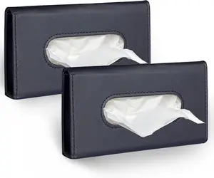 Car Tissue Holder, 2 Pack Sun Visor Napkin Holder, Premium PU Leather, Car Mask Holder for Sun Visor Vehicle, with Tissue Refill, Black&Beige