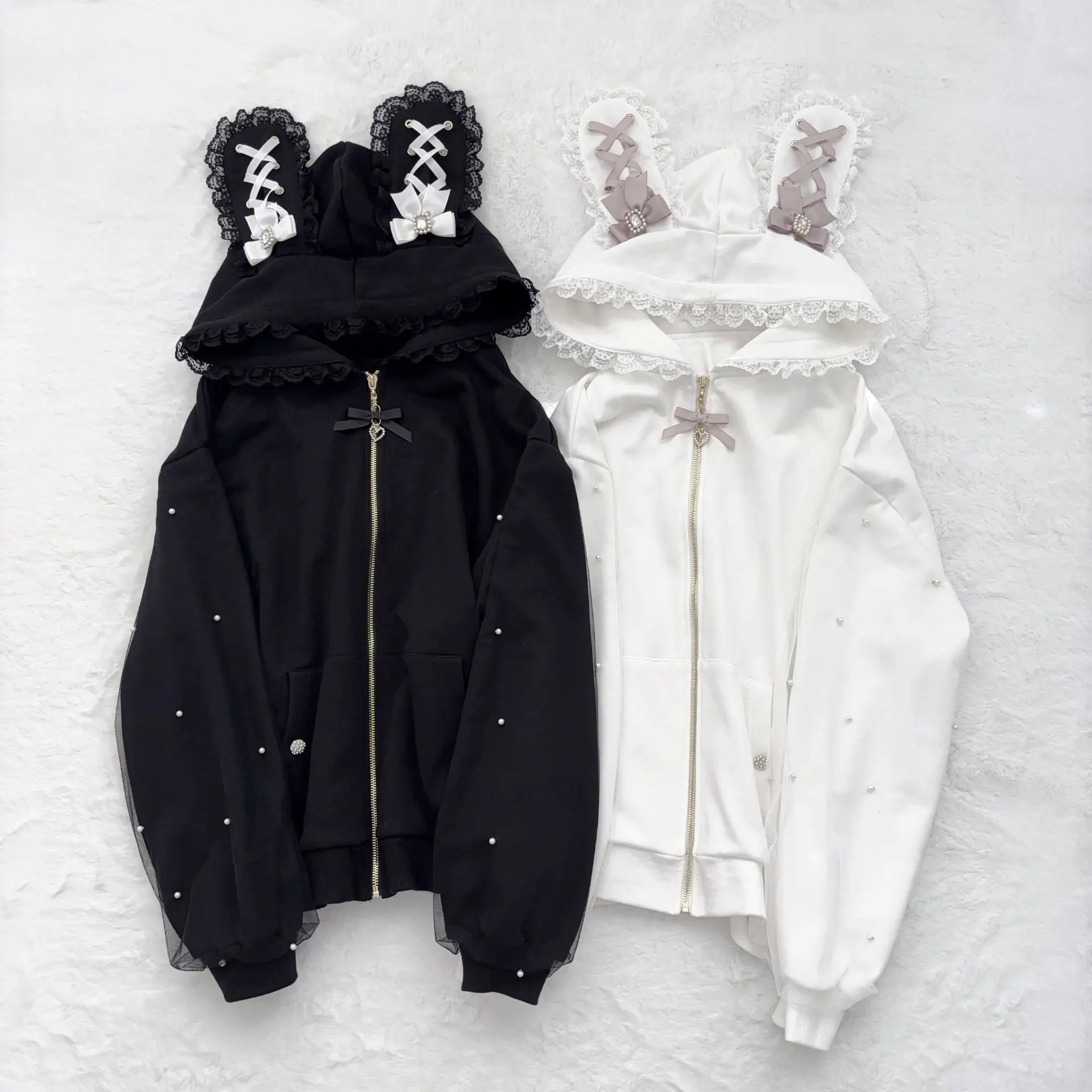 Women's Kawaii Lace Bunny Ear Hooded Zip-Up Jacket - Ribbon Bow, Rhinestone, Pearl Mesh Sleeve, Loose Long-Sleeve Womenswear Coat - Sweet Lolita Harajuku Casual Outerwear (2 Colors: Black, White)