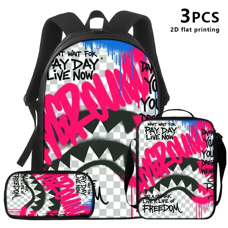 Graffiti Shark 3-Piece Backpack Set—includes a street-art-style backpack, lunch bag, and pencil case. Made from Oxford fabric and featuring adjustable shoulder straps, this set is perfect for teens and children—a back-to-school essential.