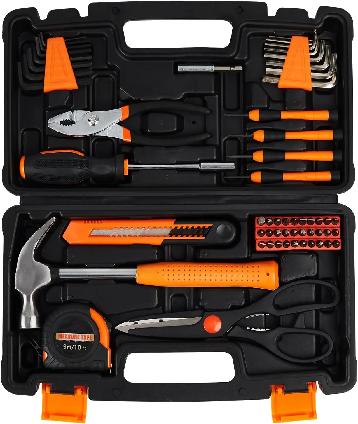 57-Piece Portable General Household Hand Tool Kit Set with Plastic Storage Case for Home Maintenance, Electrician Tasks & Automotive Electrical Terminal Separation, Includes Ratchet Socket Wrench