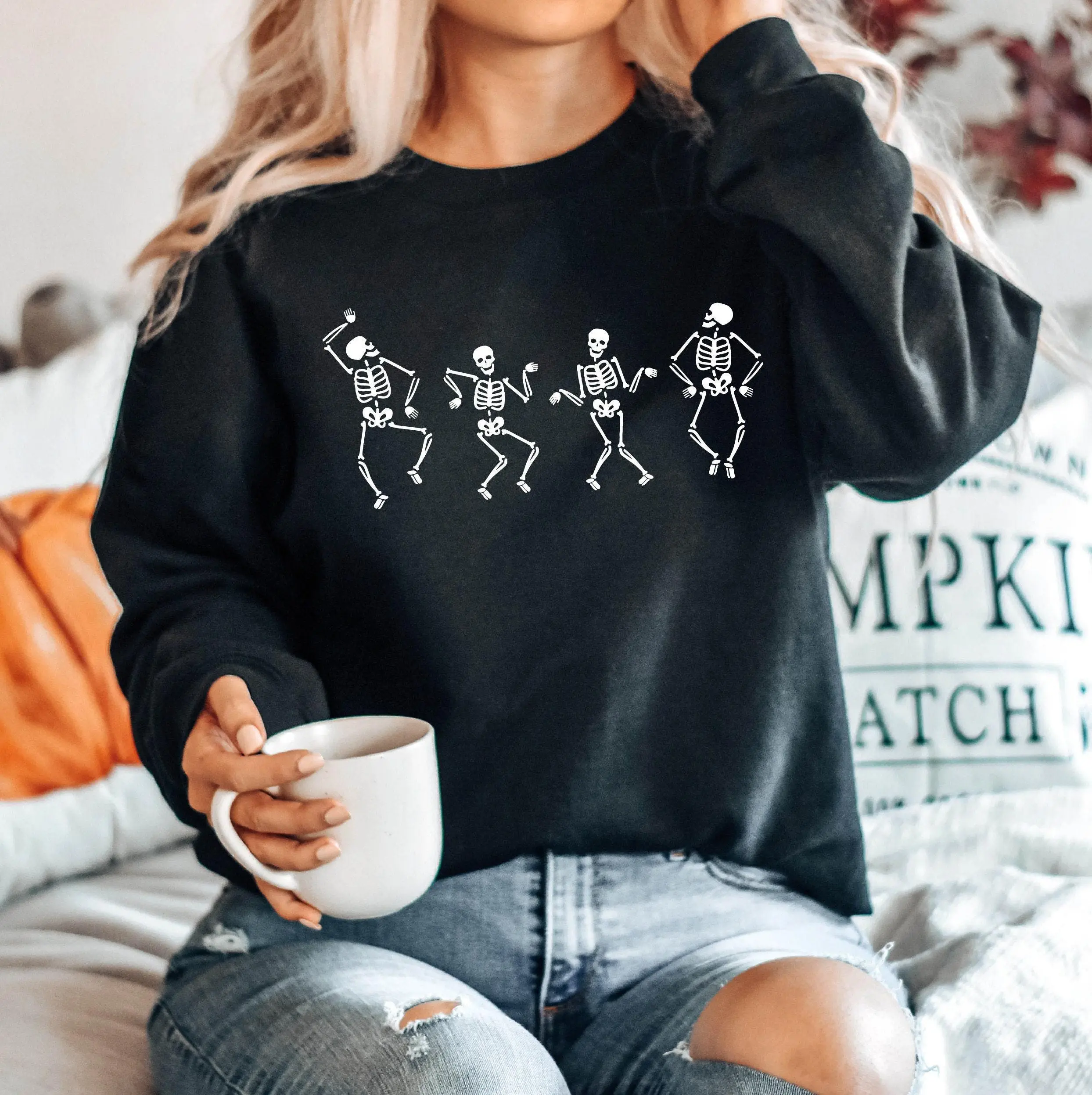 Dancing Skeleton Sweatshirt, Skeleton Halloween Shirt, Womens Halloween Sweater, Halloween Party Shirt, Cute Halloween Gift, Fall Graphic Top - HARSIN