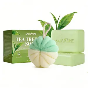 2PCS Tea Tree Leaf Soaps + Bath Sponge Set Tea Tree Soap Bar for Face & Body, Antifungal Soap with Tea Tree Oil, Antibacterial Bar Soap for Fungus, Ringworm, Acne