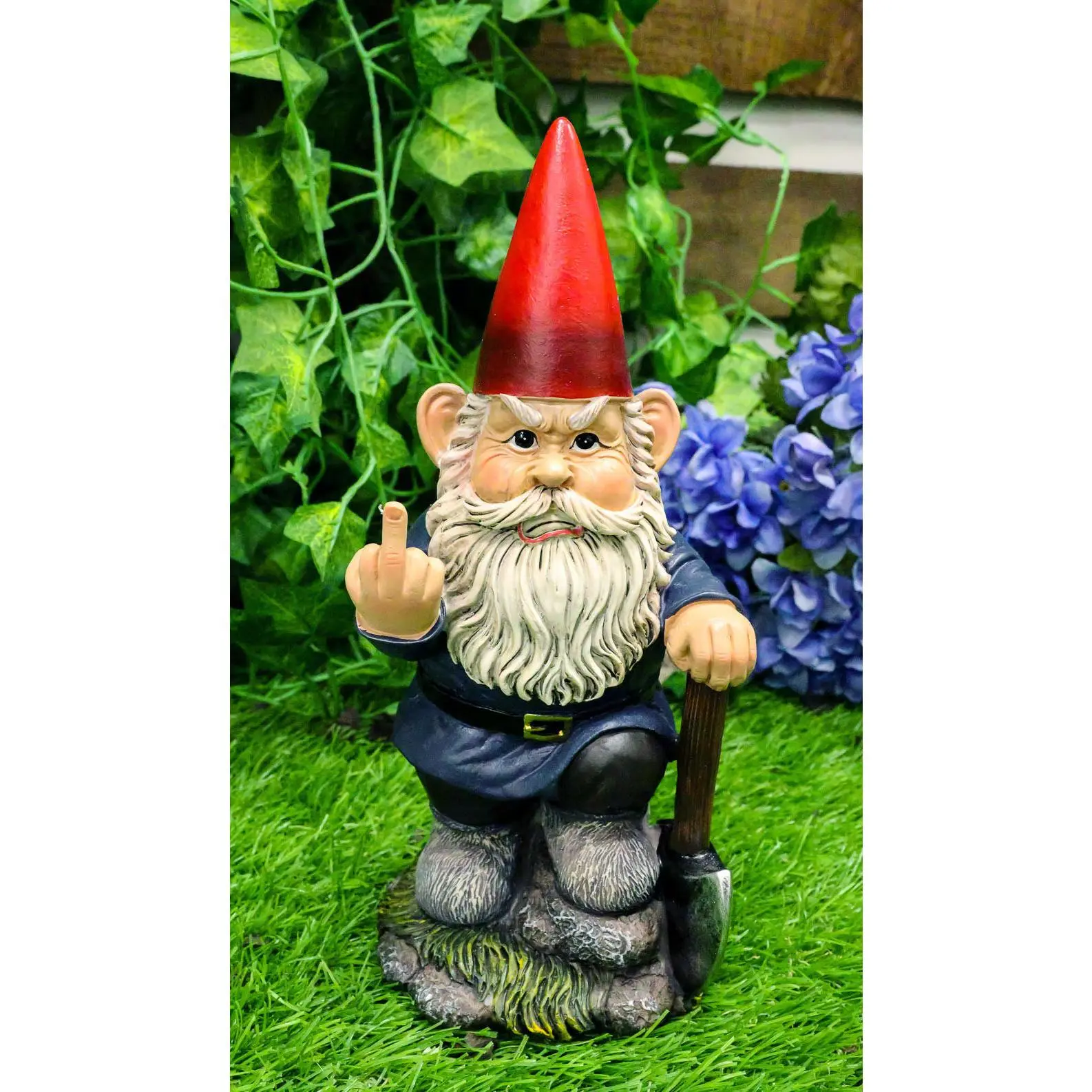 Ebros 9" Rudely Cute Polyresin Shovel Pose Garden Greeter Statue, Hand Painted Outdoor Safe Gnome Dwarf with Flip The Bird Gesture