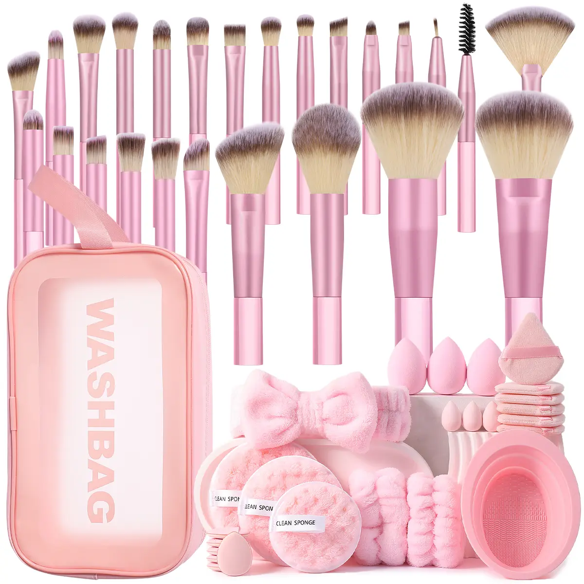 51PCS All-in-One: 25 Makeup Brush Set with Storage Bag + 3-Piece Waterproof Travel Organizer Set + Practical Detachable Cleaning Bowl + 21PCS Triangular & Oval Velvet Powder Puffs – Ideal for Daily Makeup, Flawless, C