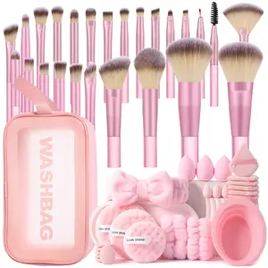 51PCS All-in-One: 25 Synthetic Fiber Makeup Brushes + Waterproof Large-Capacity Toiletry Bag + 3-Piece Waterproof Travel Organizer Set + Practical Detachable Cleaning Bowl + 21PCS Triangular & Oval Velvet Powder Puffs – Ideal for Daily Makeup