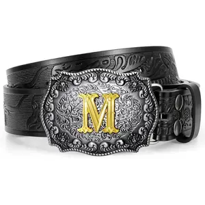 Western Cowboy Leather Belt Men Women, Gold Initial Letters ABCJMZ Buckle Embossed Belt for Jeans