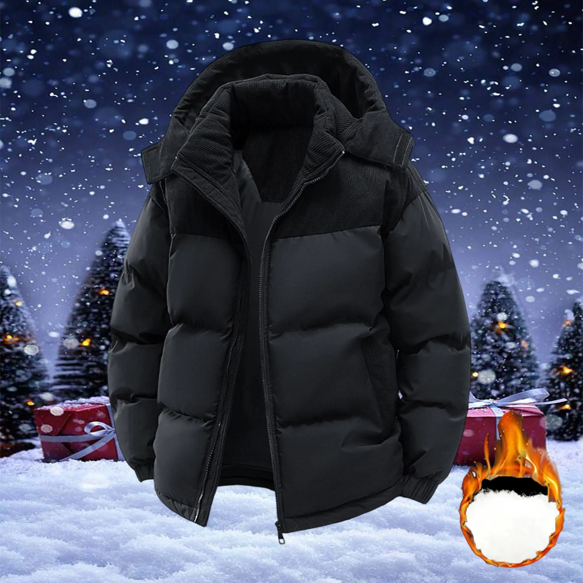 Men’s hooded puffer jacket for warmth and cold protection, corduroy panel color-block winter coat, suitable for extreme cold snow skiing and everyday casual wear.