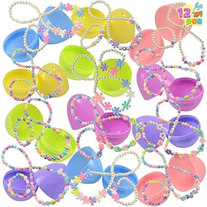 12 Pack Prefilled Easter Eggs with Jewelry Toys, Different Designs of Necklaces and Bracelets Girls Jewelry Set for Kids Easter Party Favor, Basket Stuffer, Classroom Exchange and Prize Supplies