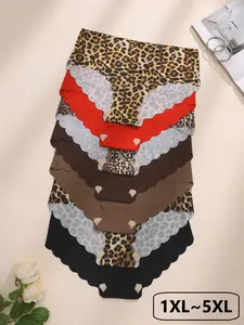 【Plus Size】 Leopard Print Panty, Soft Comfy Breathable Seamless High Stretch Knicker for Daily Wear, Women's Underwear for All Seasons, Fashion Breathable Underwear, Seamless Knitting Knicker