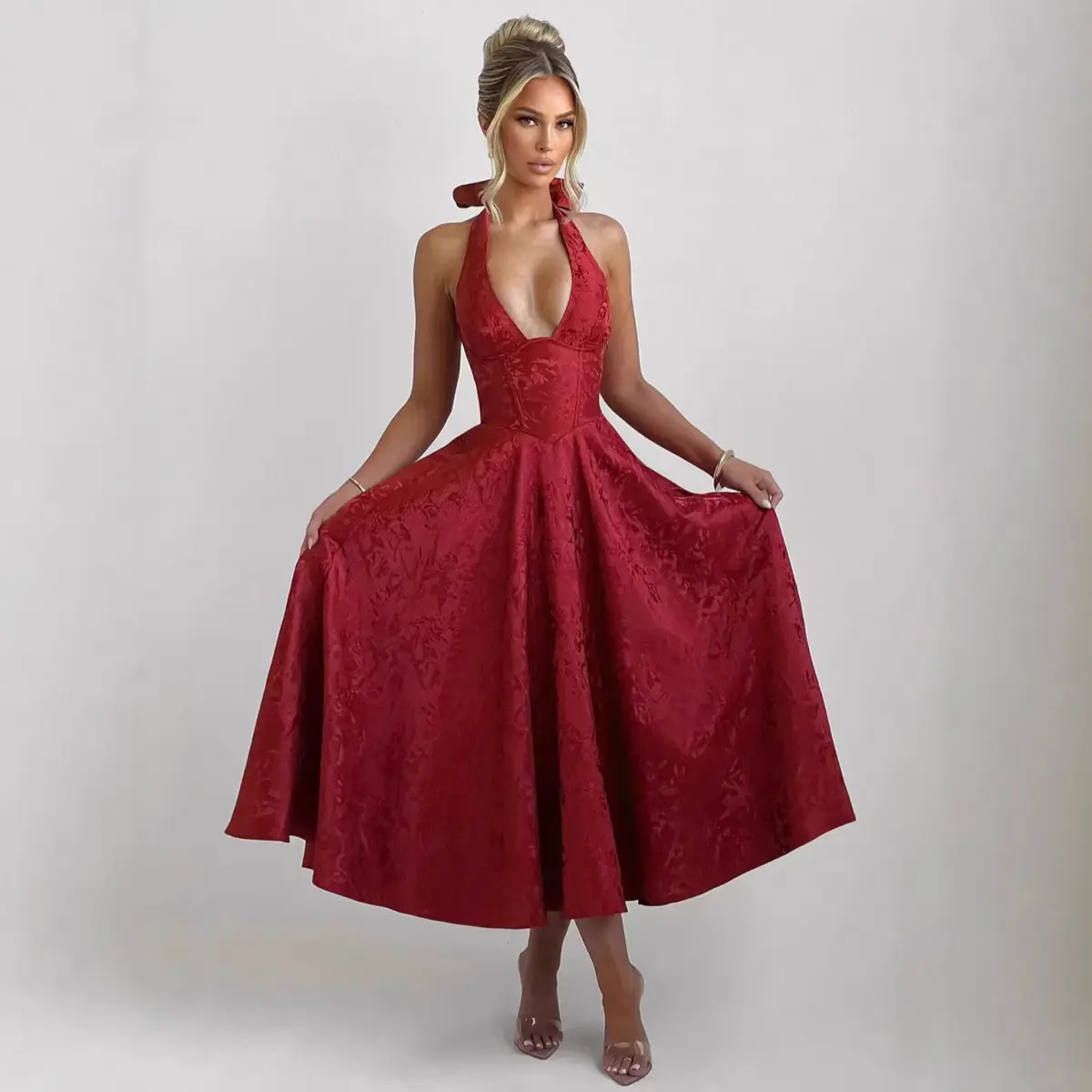 Elegant Satin Jacquard Halter Neck Midi Dress, Backless Deep V Fit & Flare Tea Length Evening Dress for Homecoming & Special Occasion, Textured Jacquard Fabric Backless Formal Gown for Bridesmaid Birthday Night Out