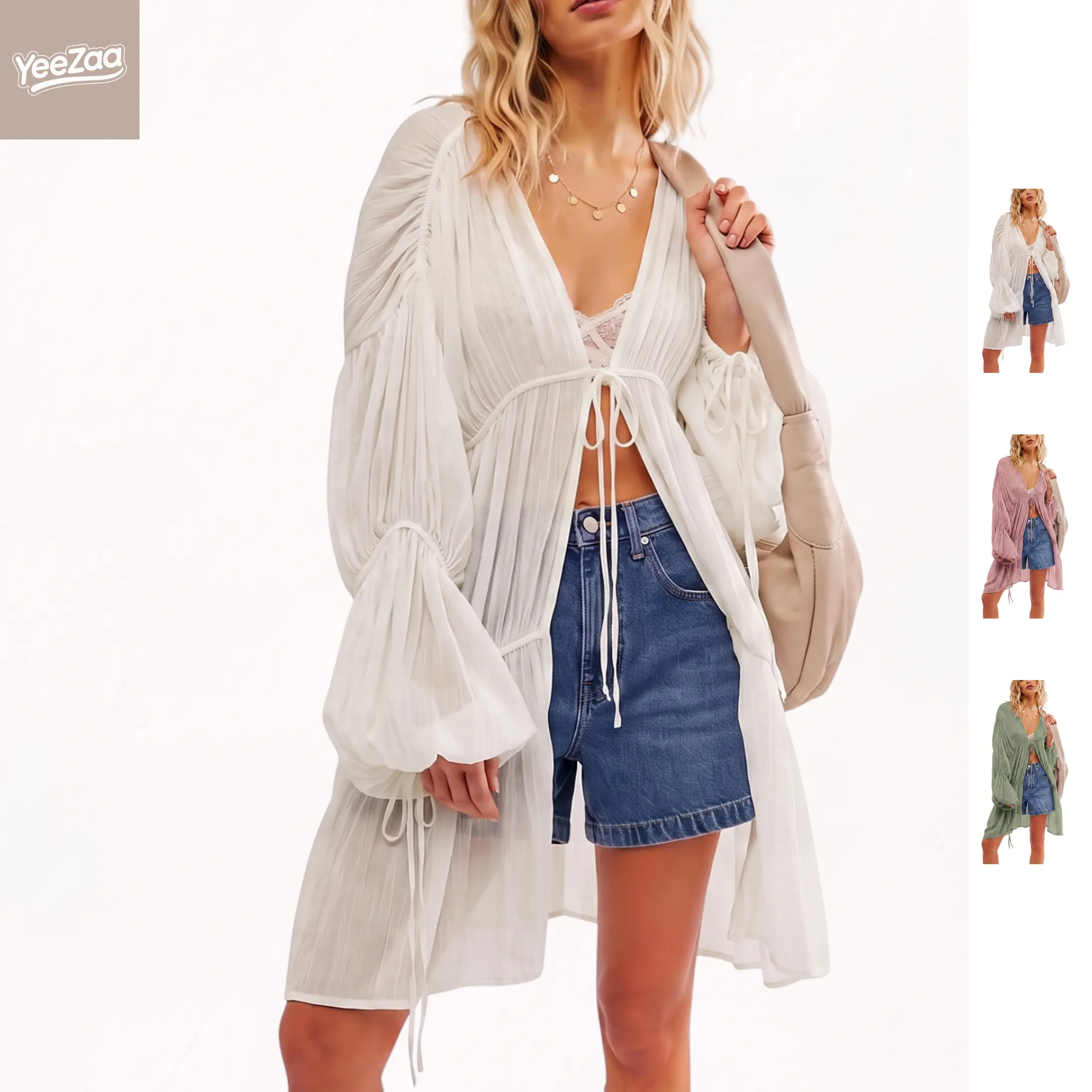 YeeZaa Flowy Boho Cardigan For Women OneSize Long Lightweight  Tie-Front Duster Cover Up Dreamy Ethereal Bohemian Beach Vacation Summer Shrug Outerwear