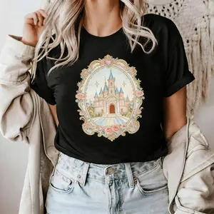 Vintage Castle Print Unisex Cotton T-shirt, Aesthetic Coquette Loose Fit Summer Casual Tee With Floral Frame Design, Retro Princess Vibes, Y2ks Gifts For Women Men