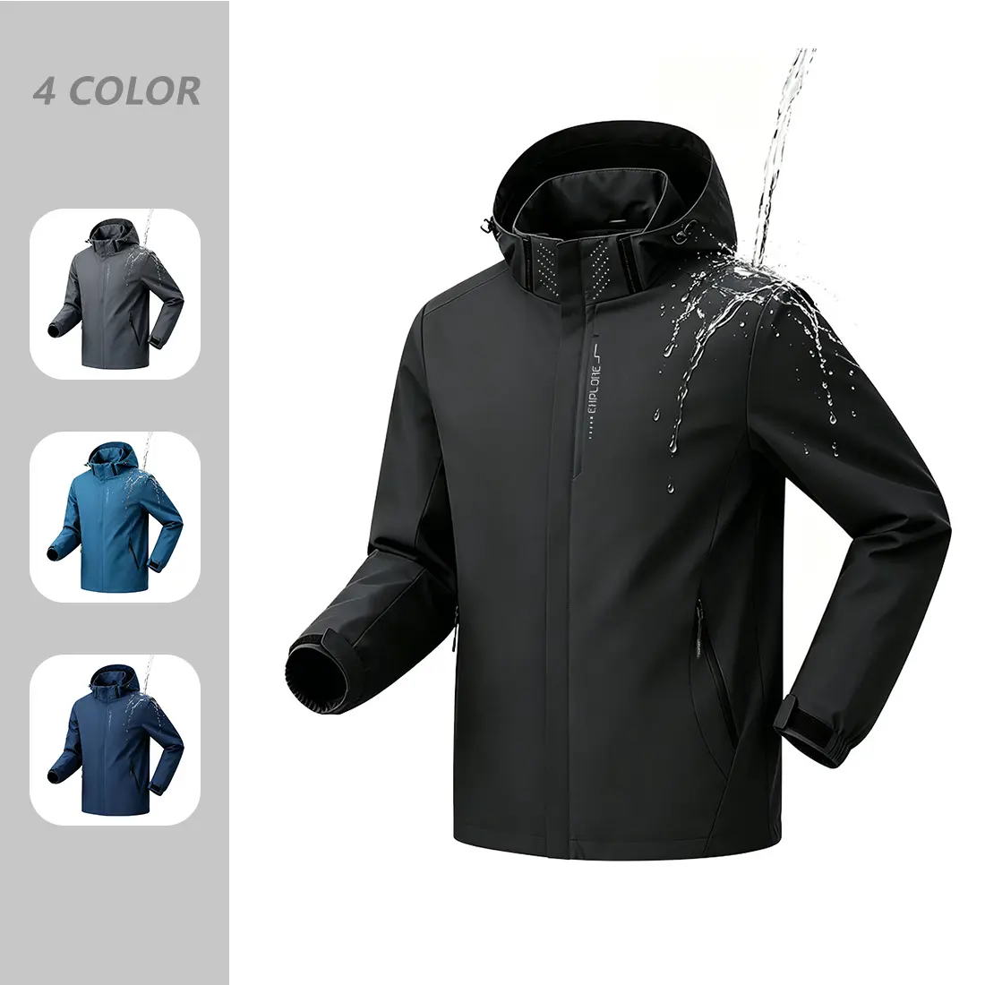Men’s lightweight waterproof jacket, detachable hood outdoor rainwear, windproof hiking outerwear